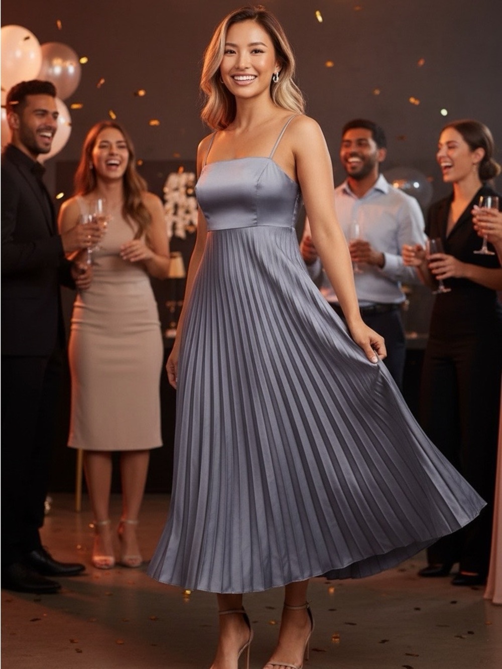 Petal & Pup Satin Pleated Midi Dress - Gray